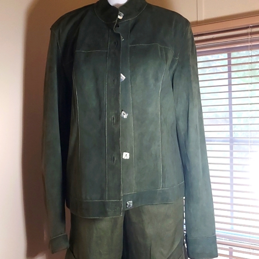Olive green suede jacket by Sharon Roth